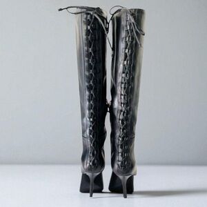 L.K. BENNETT LONDON Black LACE UP Zipper Knee High Boots Size 36